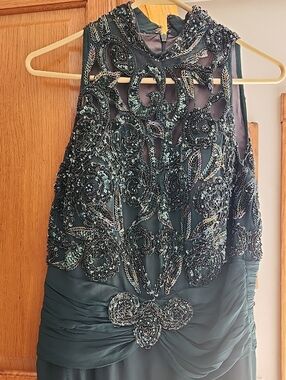 Vtg Anne French Silk Hand Beaded Dark Green Evening Dress - Sleeveless High Neck